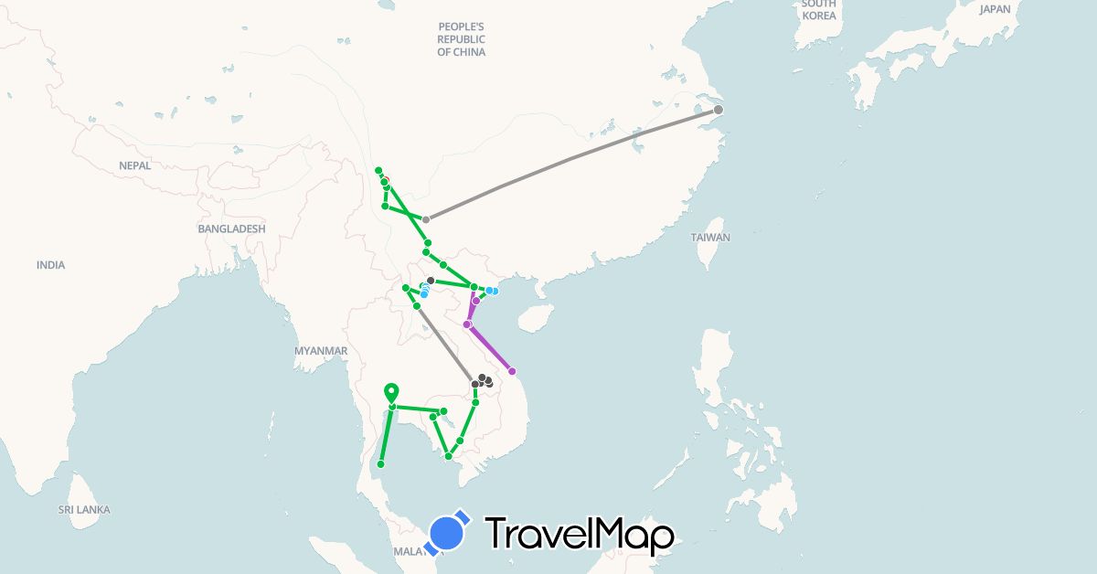 TravelMap itinerary: bus, plane, train, hiking, boat, motorbike in China, Cambodia, Laos, Thailand, Vietnam, Wallis and Futuna (Asia, Oceania)